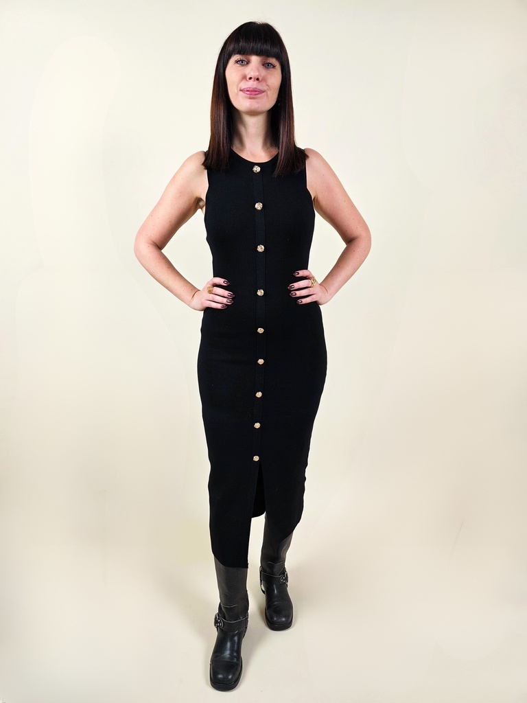 Robe longue noire moulante à boutons dorés