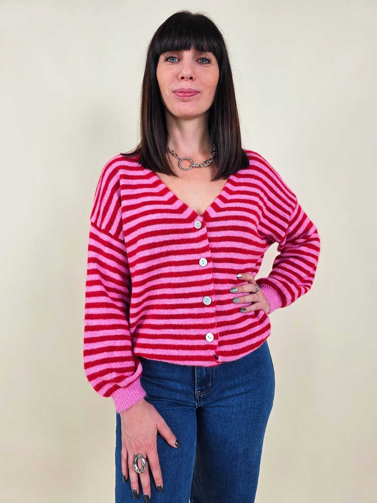 [00032] Gilet à rayures fuschia et rose