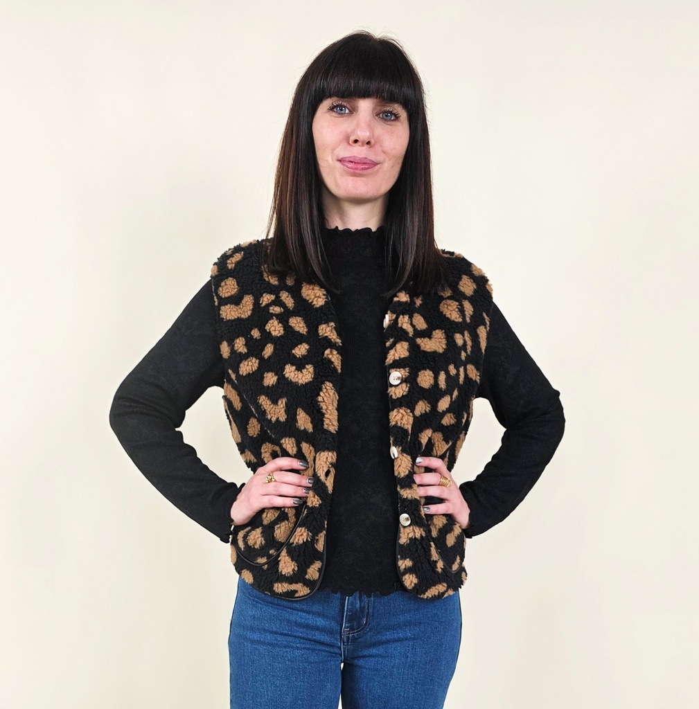 Gilet sans manche léopard noir et camel