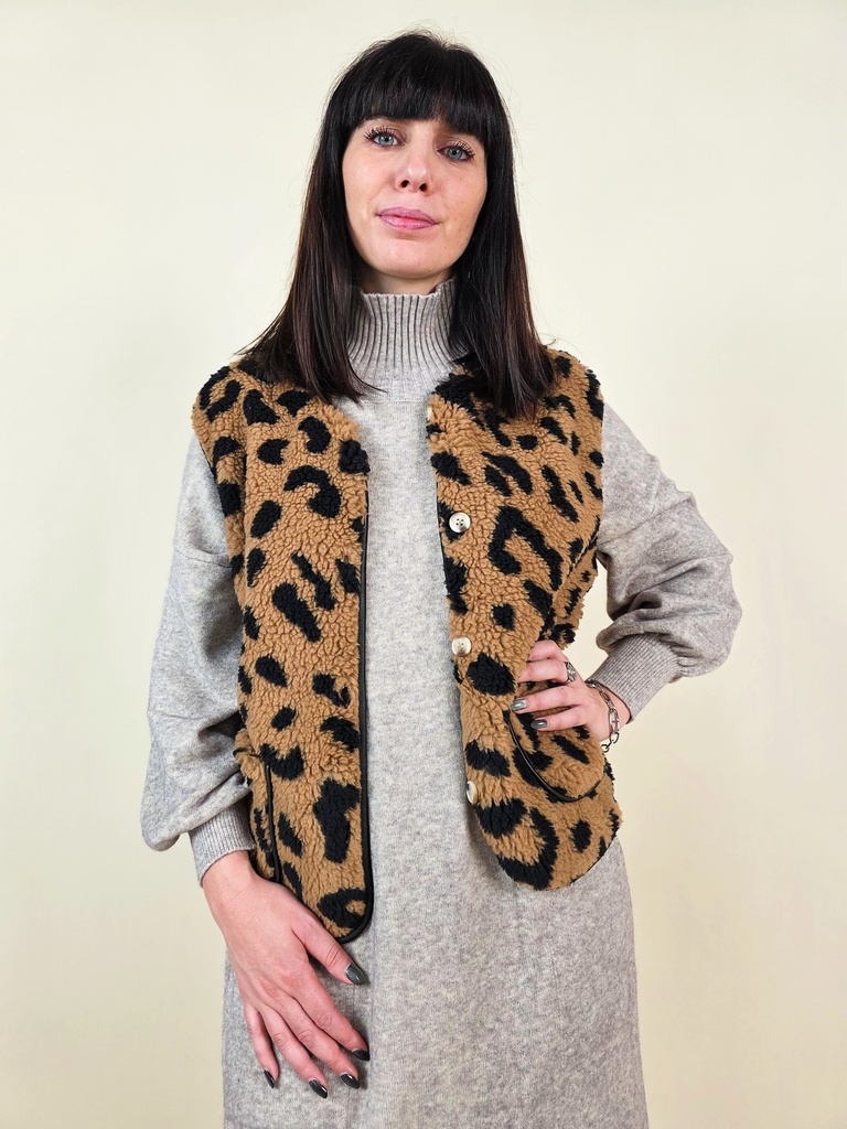 Gilet sans manche léopard camel et noir