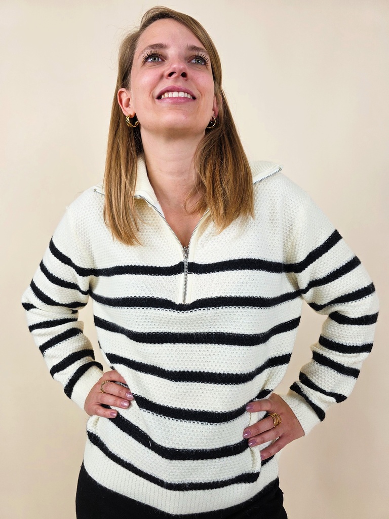 Pull rayé demi-zip fond écru & rayrures noires