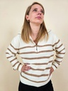 Pull rayé demi-zip fond écru & rayures brunes