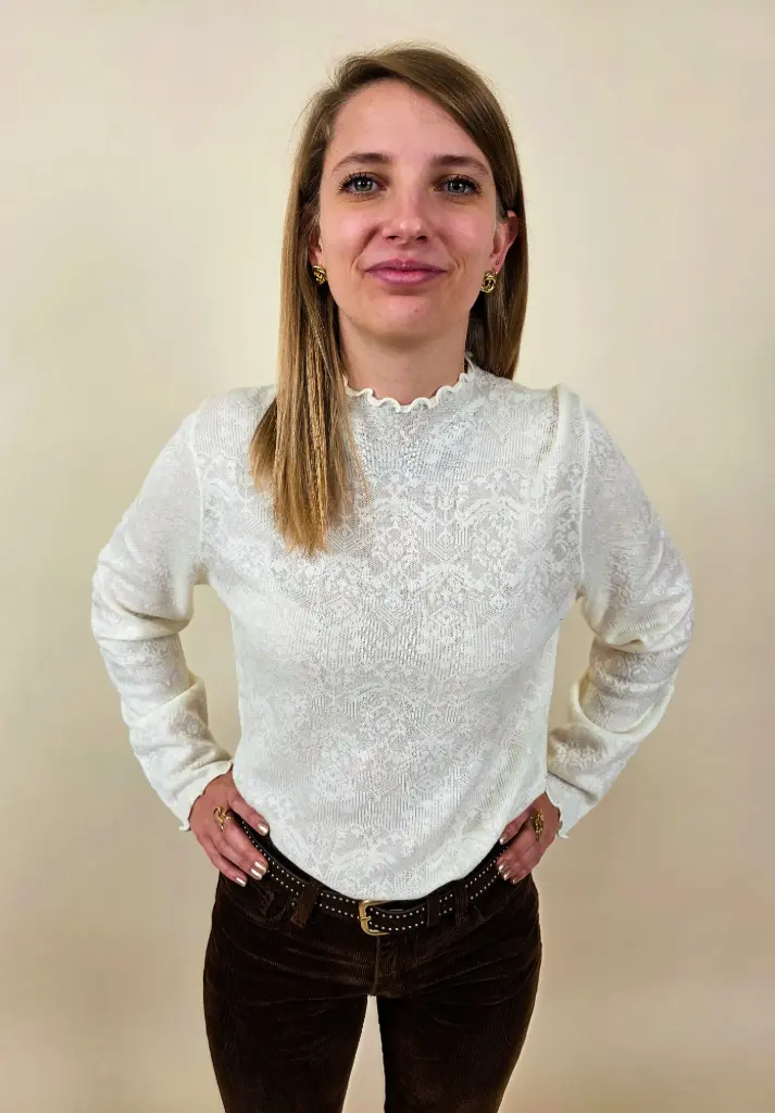 [00053_S/M] Pull écru bords ondulés en maille fine dentelle (S/M)