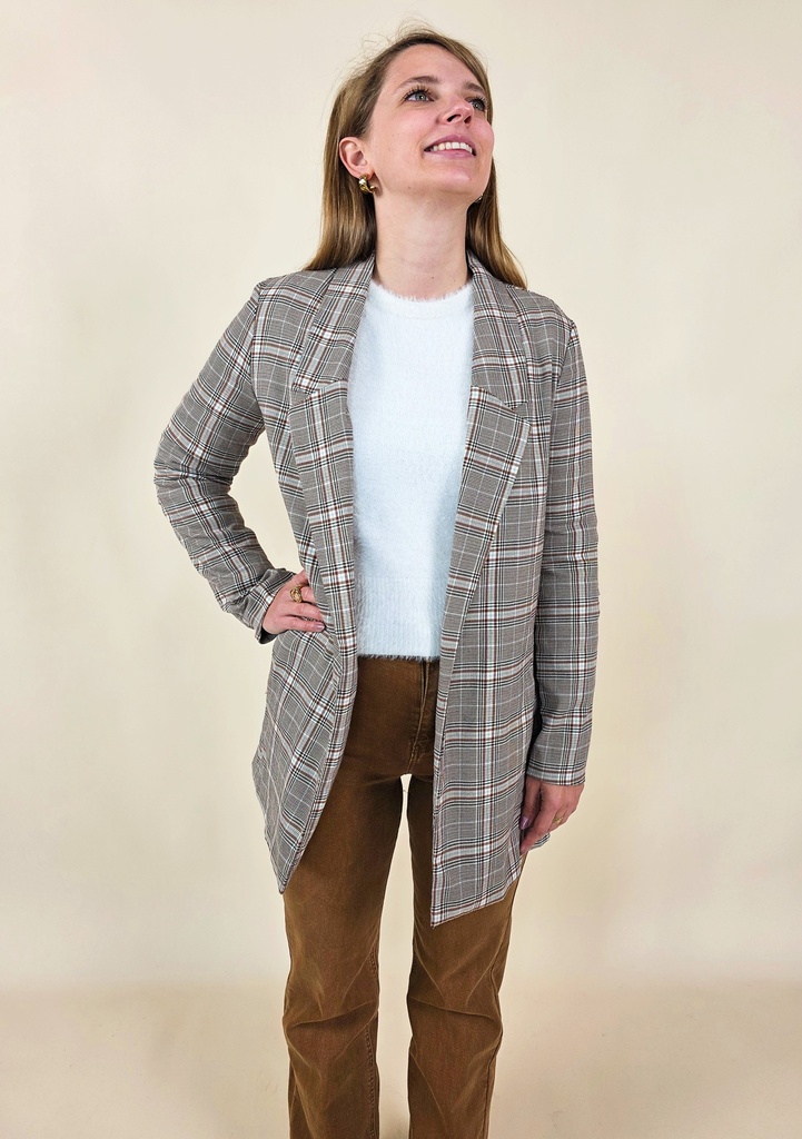Veste blazer longue à carreaux marron & beige