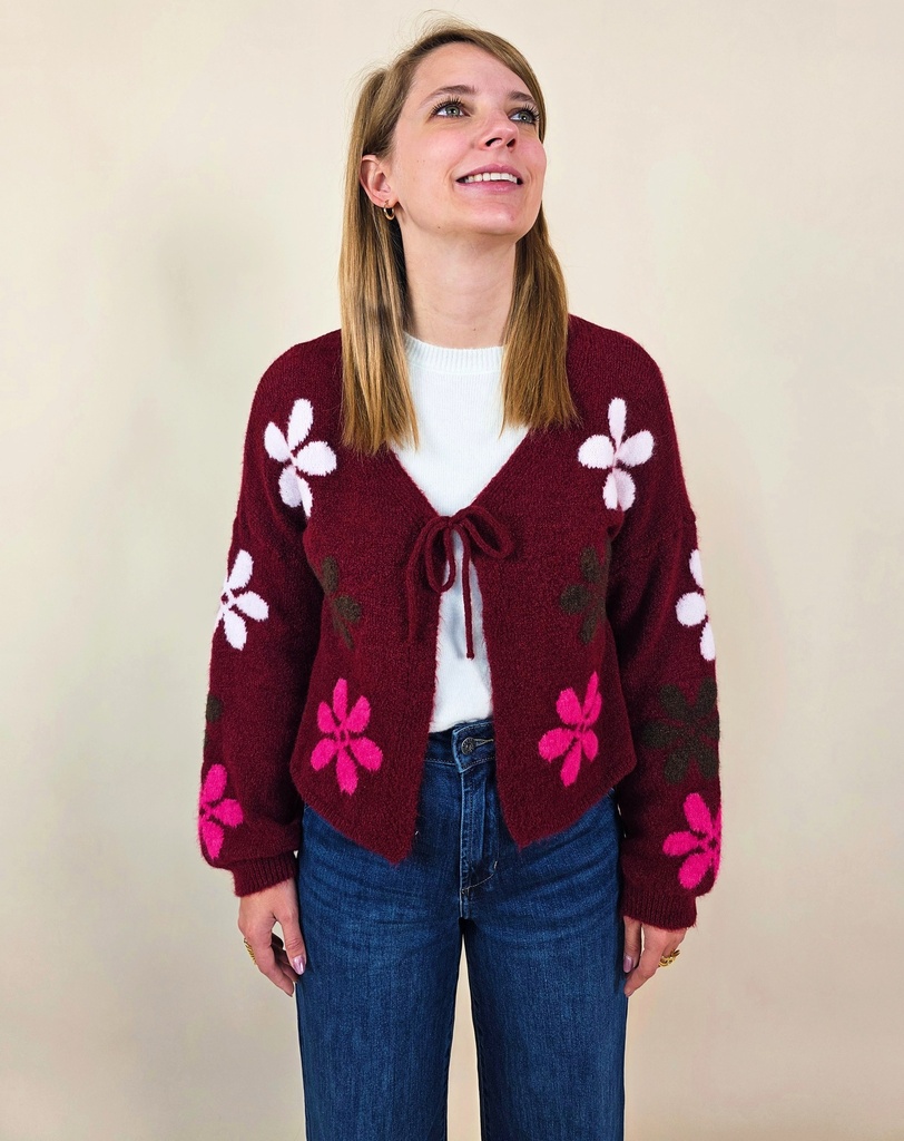 [00122] Gilet court bordeaux à fleurs ample avec manches cloches