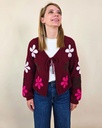 Gilet court bordeaux à fleurs ample avec manches cloches