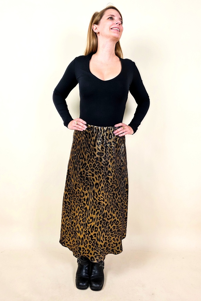 [00134] Jupe Satinée Imprimé Léopard Métallisé