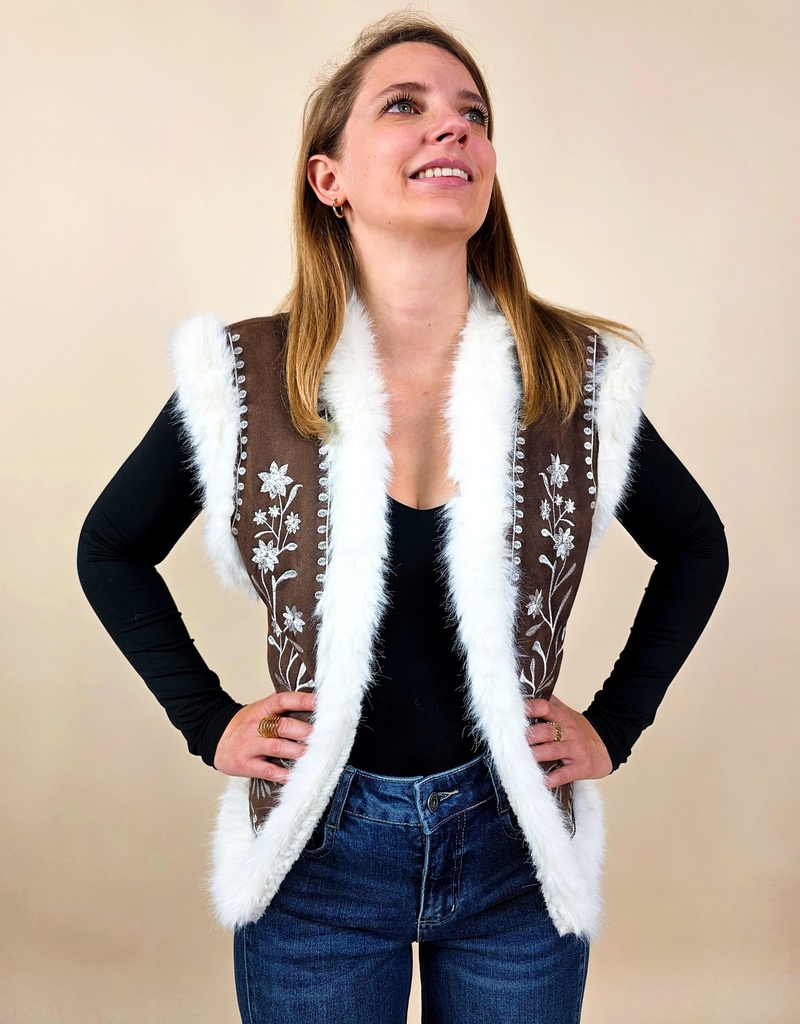 [00140] Gilet sans manches marron brodé avec fourrure