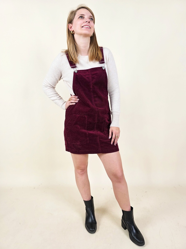 [00147] Robe salopette bordeaux en velours côtelé