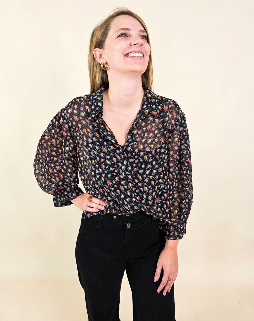 [00154] Chemisier fluide à imprimé fleuri avec manches bouffantes