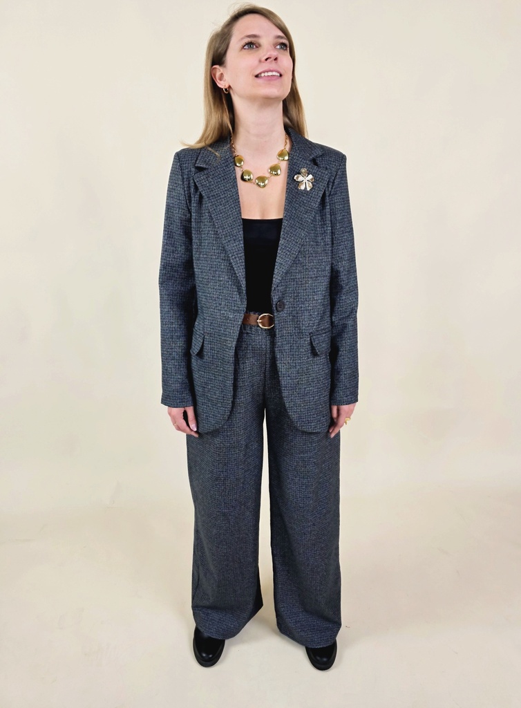 [00165_S] Blazer gris motif carreaux avec fleur dorée (S)