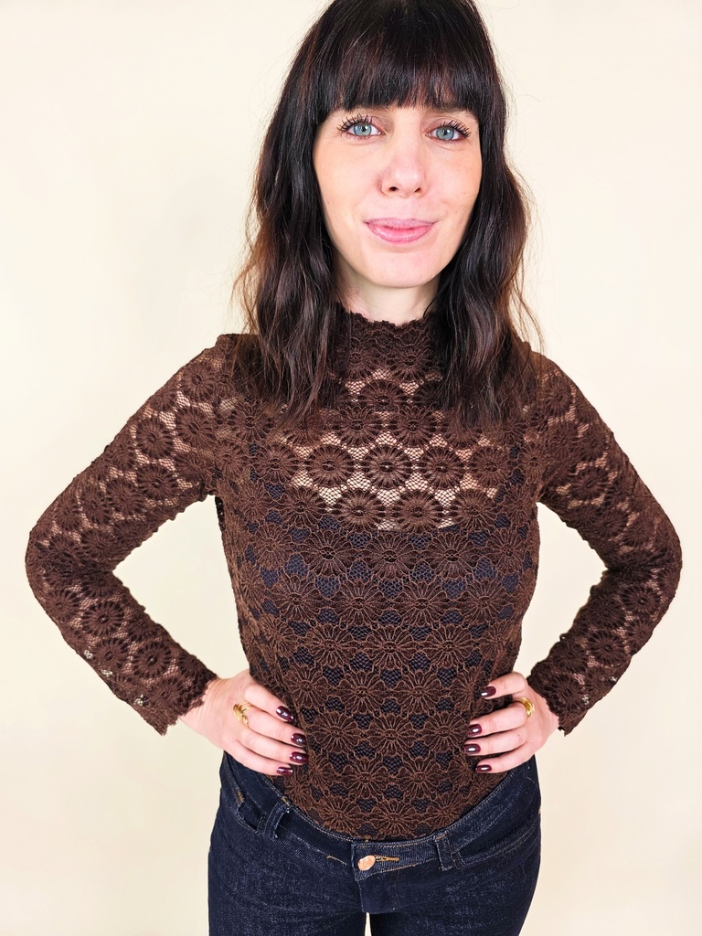[00168_S] Blouse en dentelle florale marron à col montant (S)
