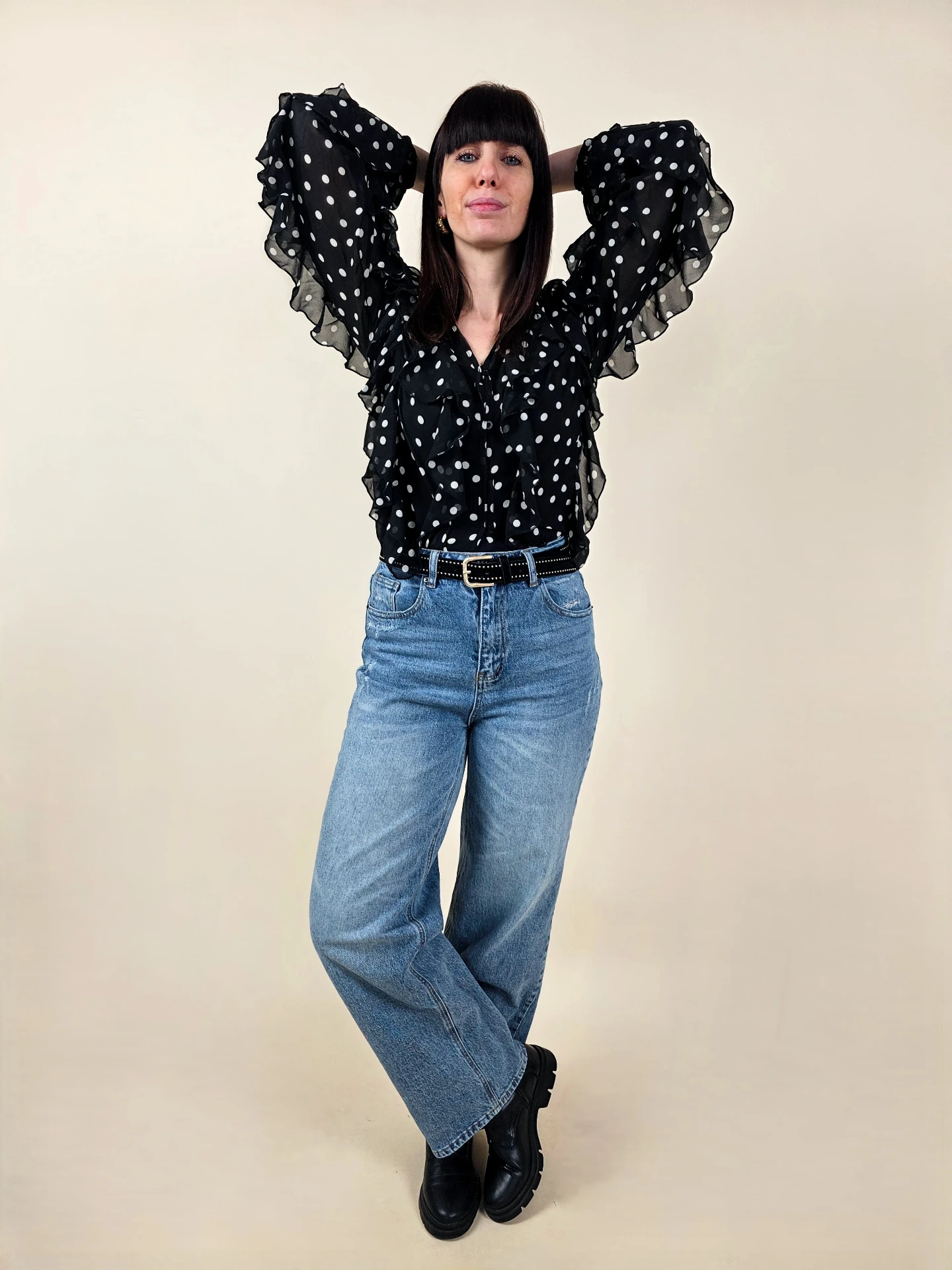 Jeans coupe droite bleu délavé taille haute