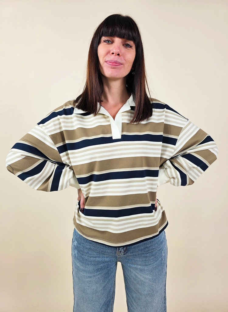 [00228_S/M] Blouse à manches longues à rayures beiges ,marron et bleu marine (S/M)