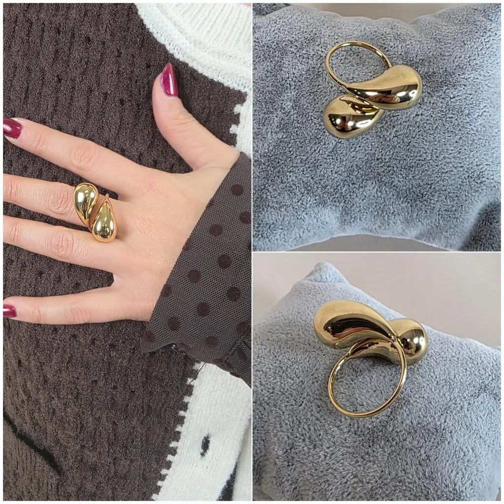 [00268] Bague dorée double gouttes croisées