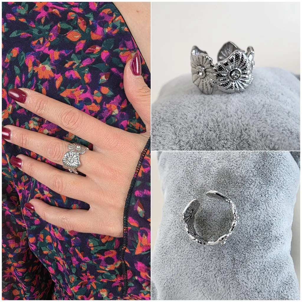 [00331] Bague large argentée motif floral en relief 