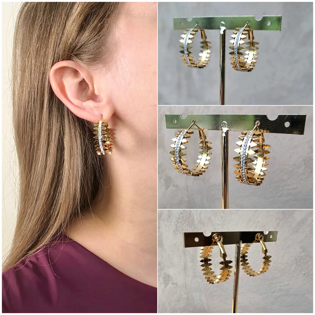 Boucles d'oreilles dorées bicolores avec strass
