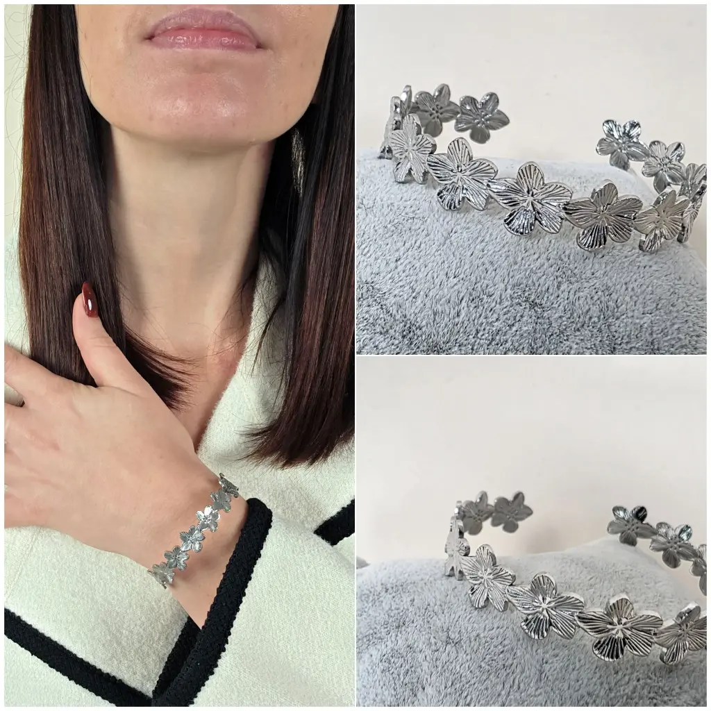 [00294] Bracelet argenté fin à fleurs