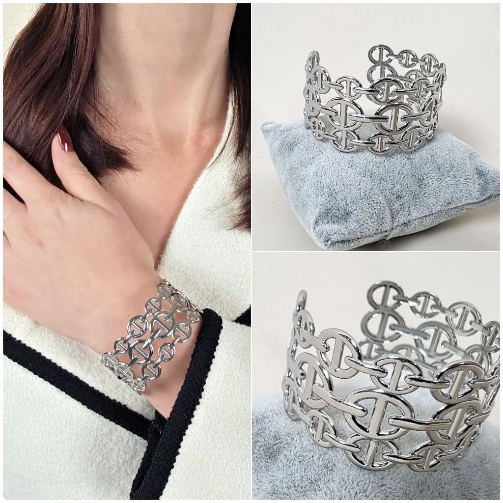 [00295] Bracelet argenté large à maillons cercles entrelacés