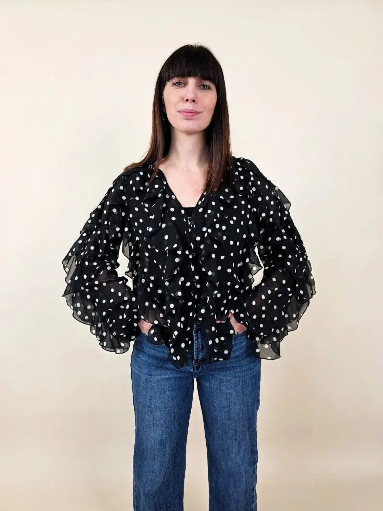 Chemisier noir à pois blancs