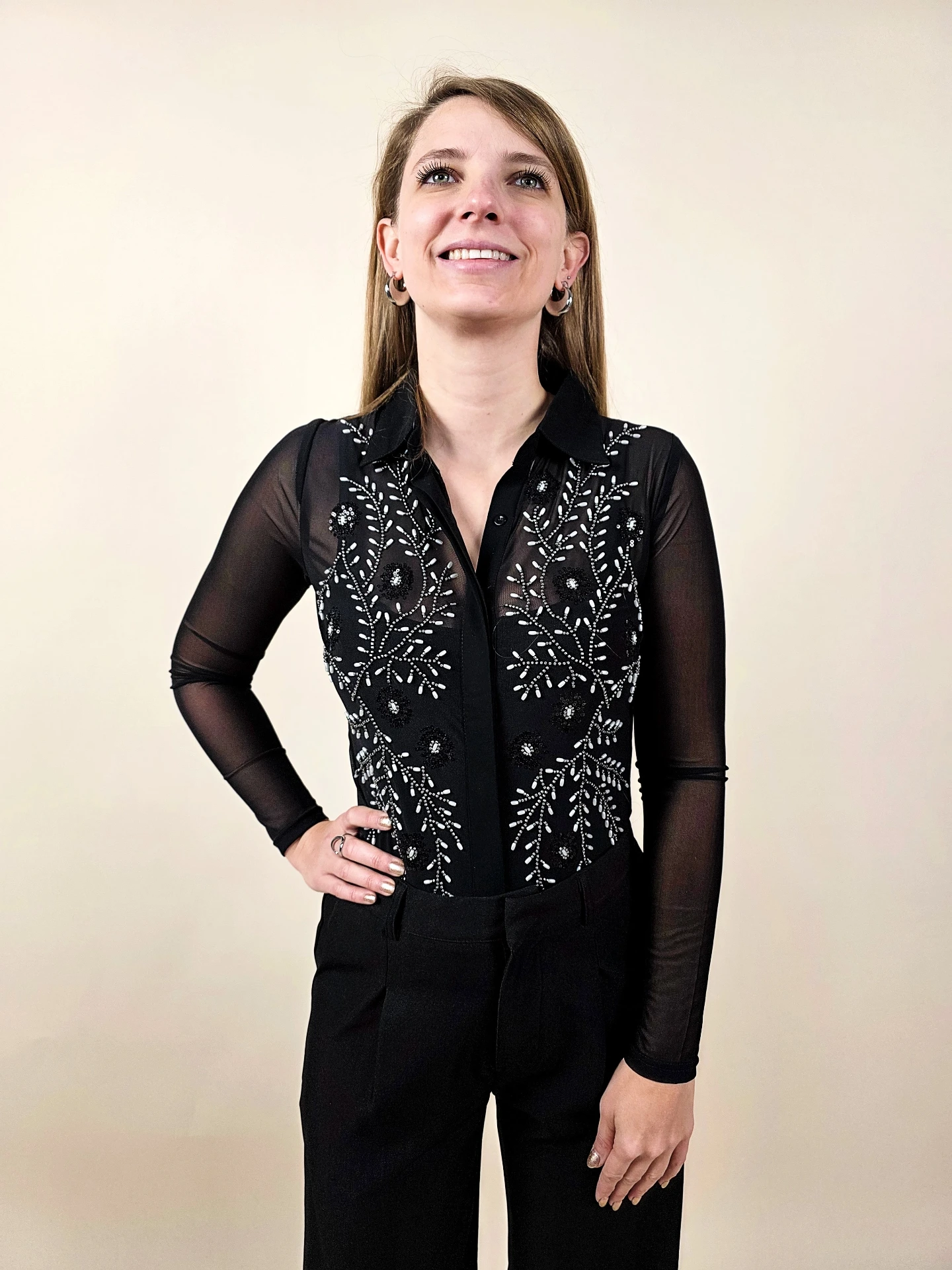 [00408_S/M] Body noir transparent à perles (S/M)