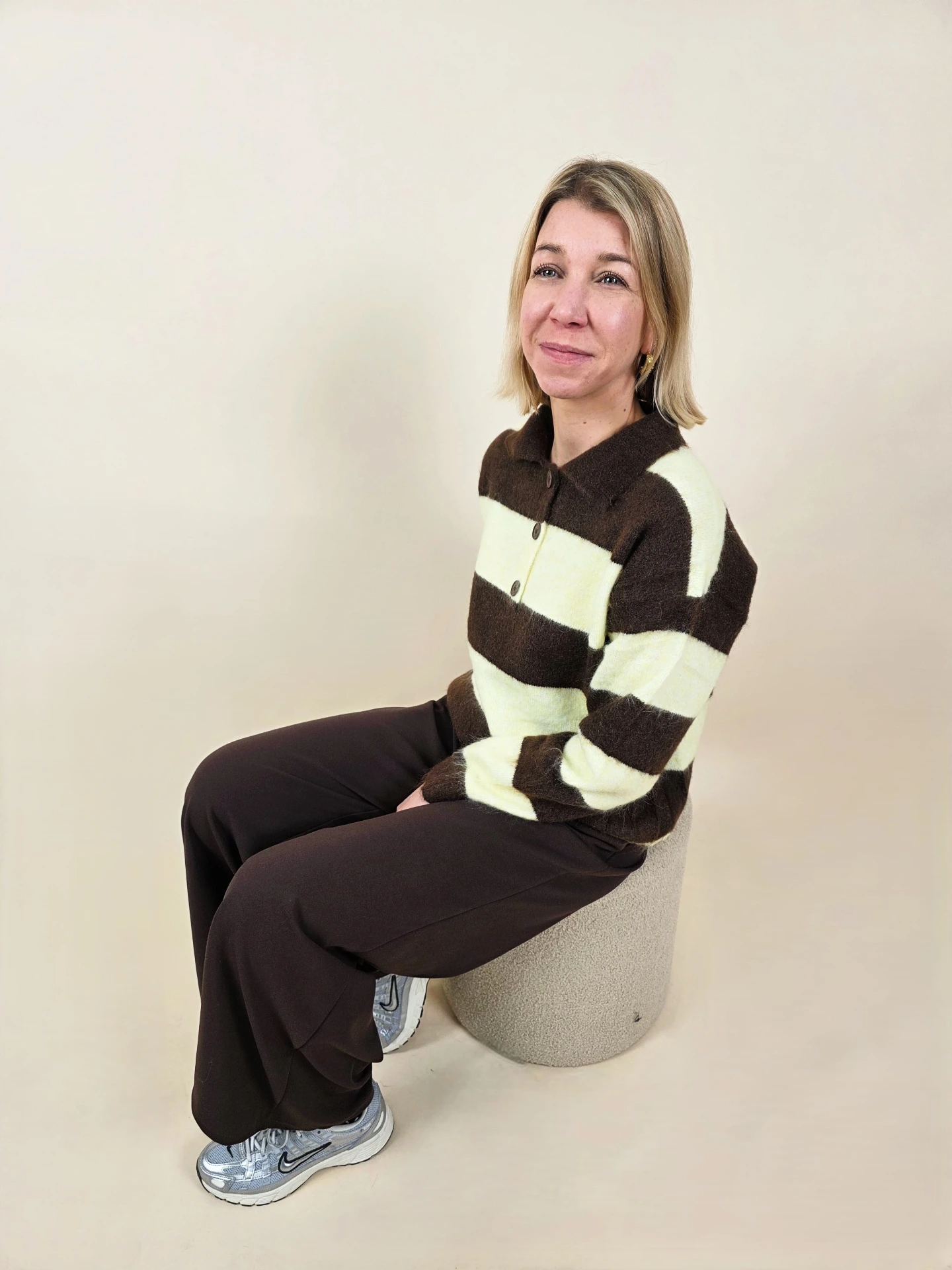 Pull polo rayé mohair ,marron et jaune pâle
