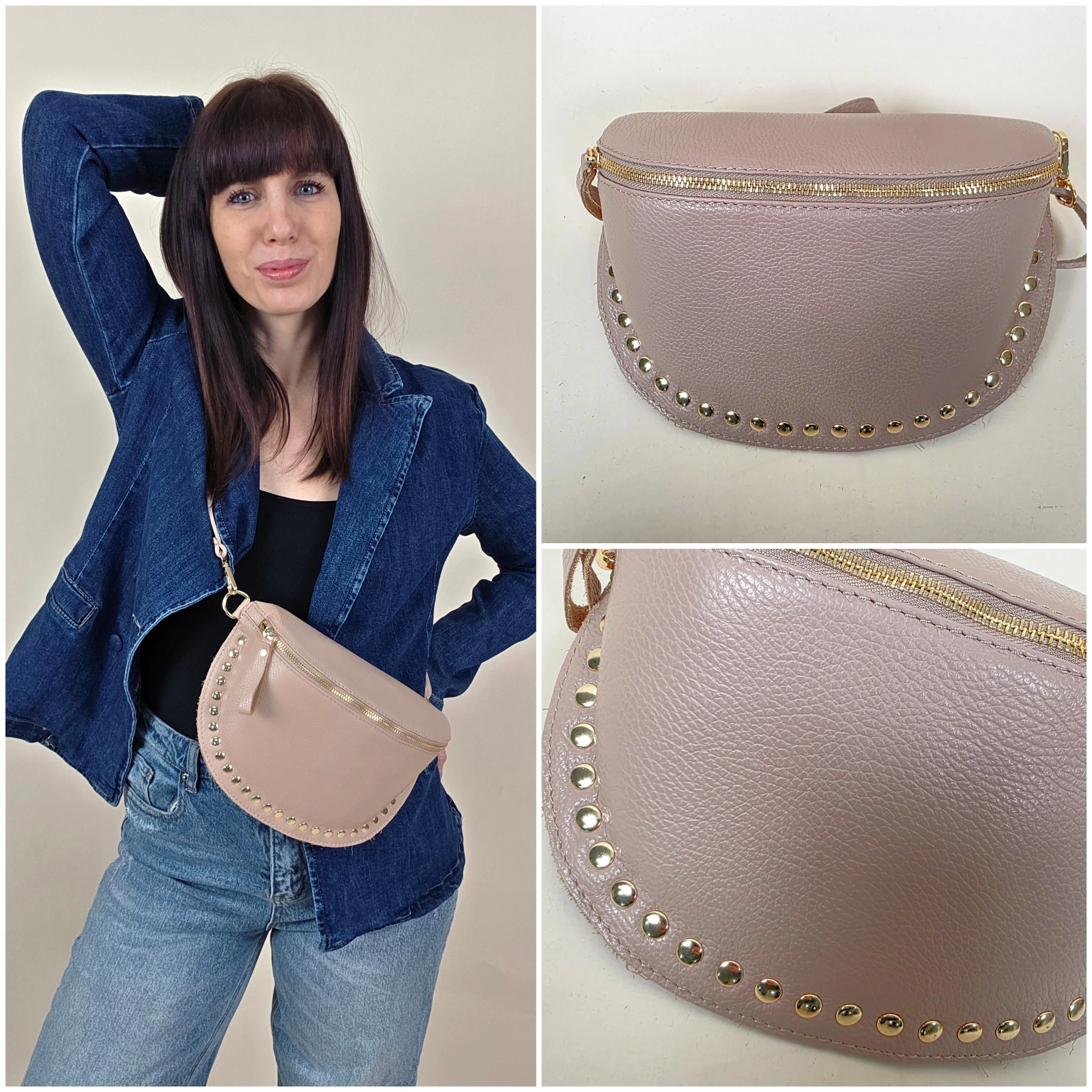 [00528] Sac banane demi-lune rose poudré avec clous dorés