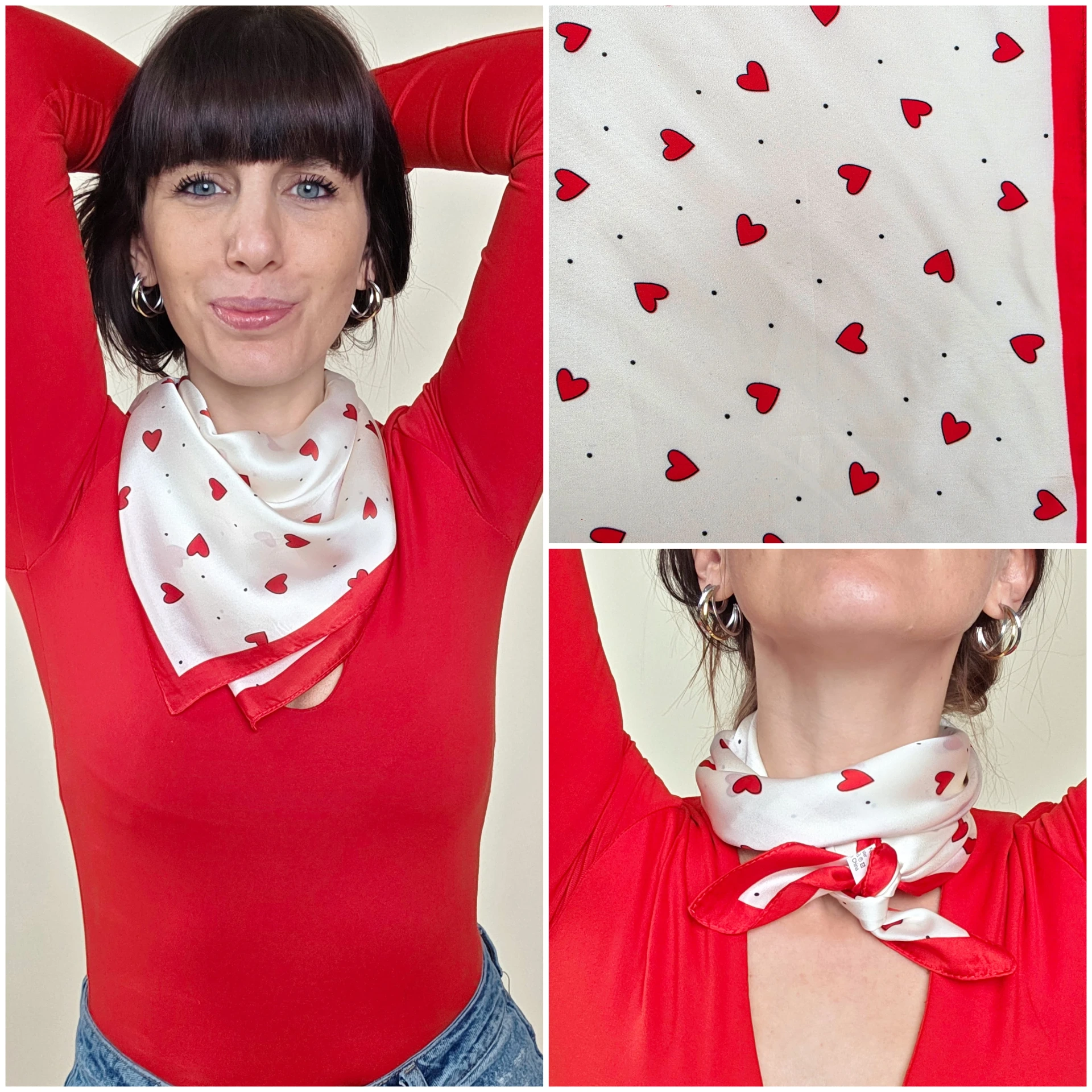 [00531] Foulard carré à cœurs rouges