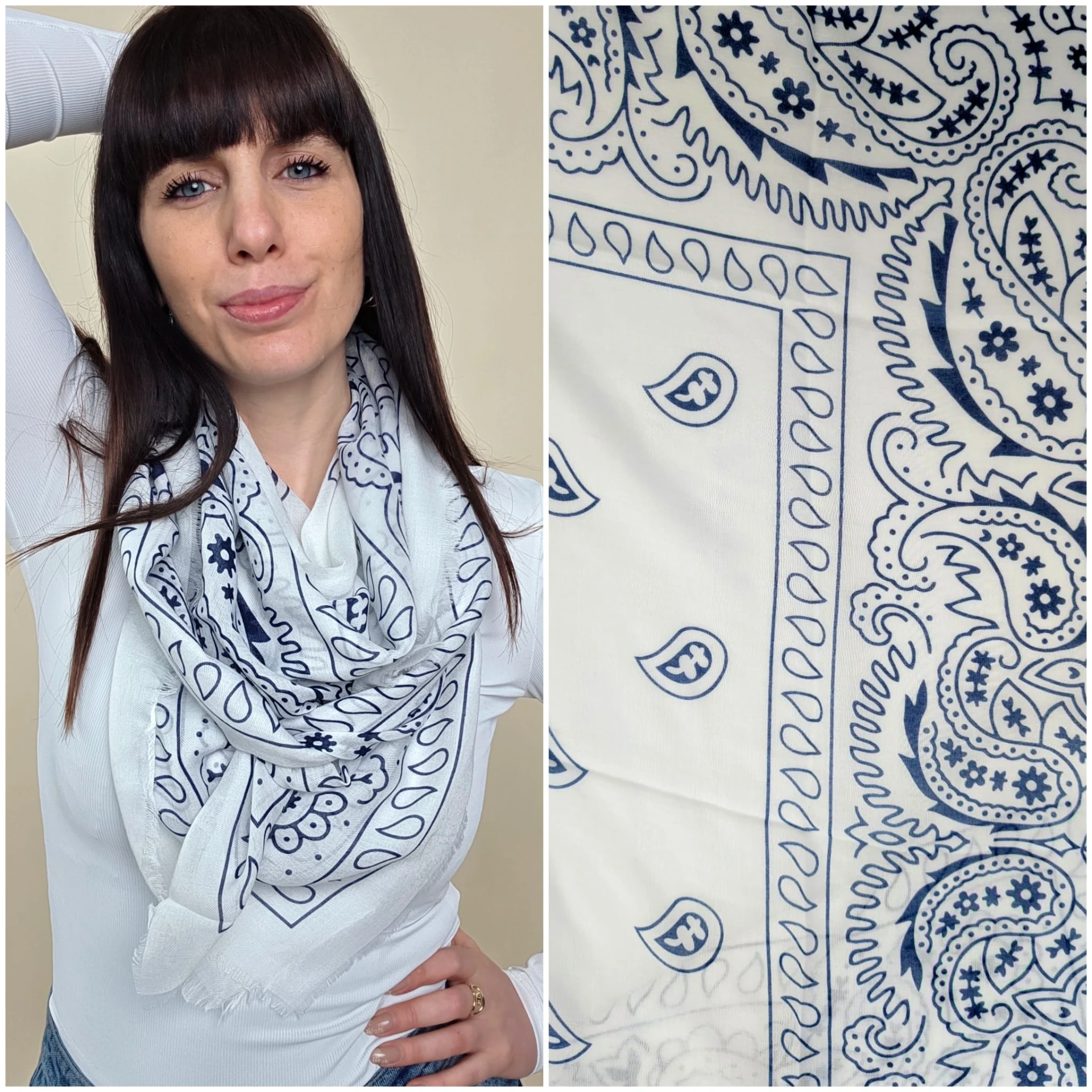 [00541] Foulard blanc à imprimé paisley bleu marine