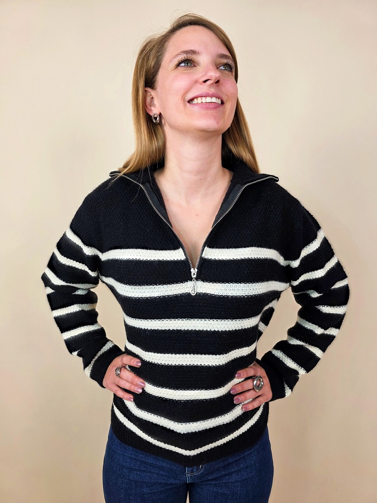 [00121] Pull rayé demi-zip fond noir et rayures blanches (Anti-Gaspi)