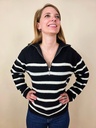 Pull rayé demi-zip fond noir et rayures blanches (Anti-Gaspi)