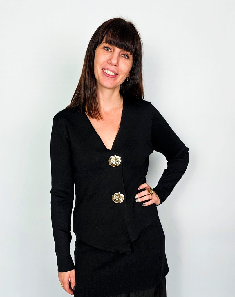 [00015] Gilet noir en maille avec boutons dorés en forme de fleur (Anti-Gaspi)