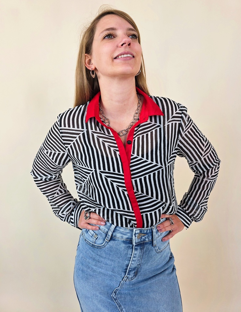 [00075] Chemisier à motifs graphiques noir & blanc avec détails rouges XS (Anti-Gaspi)