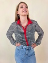 Chemisier à motifs graphiques noir & blanc avec détails rouges XS (Anti-Gaspi)