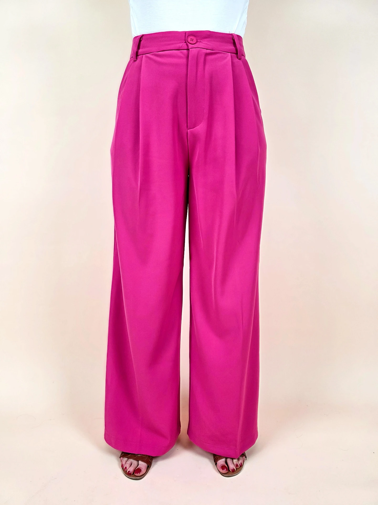 Pantalon large taille haute rose fuchsia