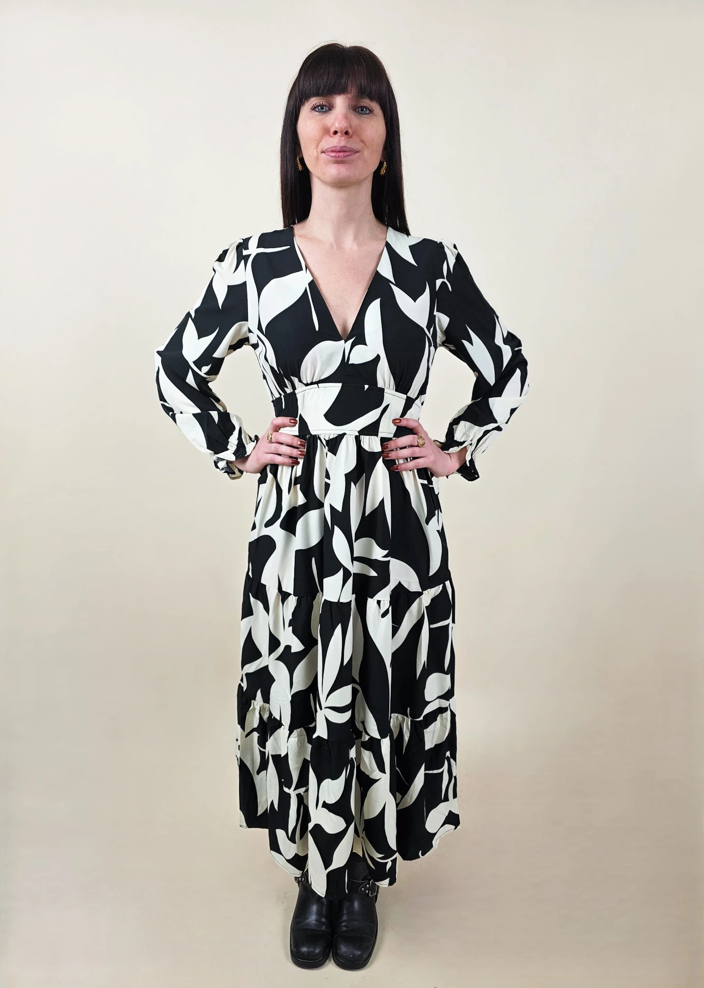 Robe longue fluide à imprimé feuillage noir et blanc M/L (Anti-Gaspi)