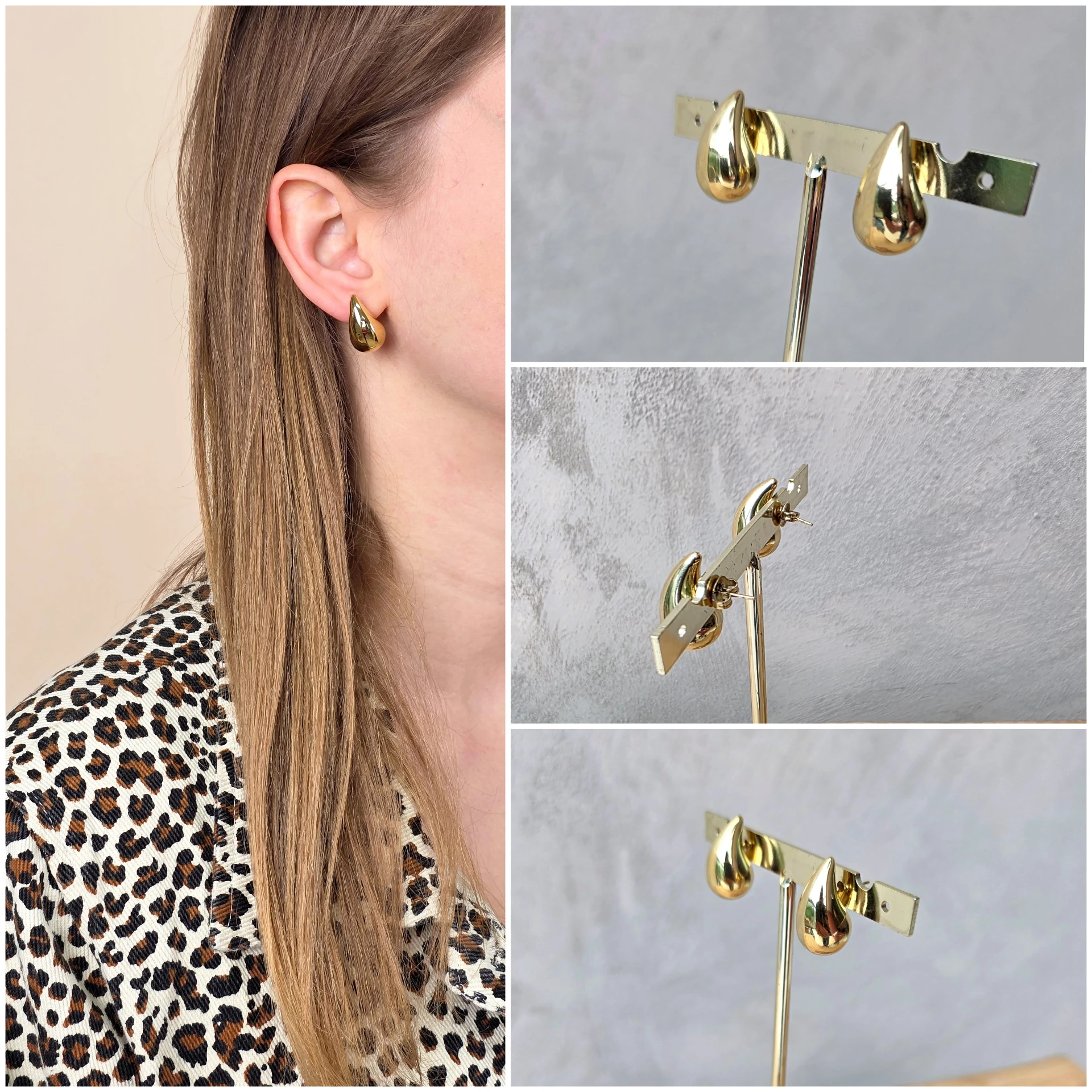 [00557] Boucles d'oreilles gouttes d'eau bombées dorées