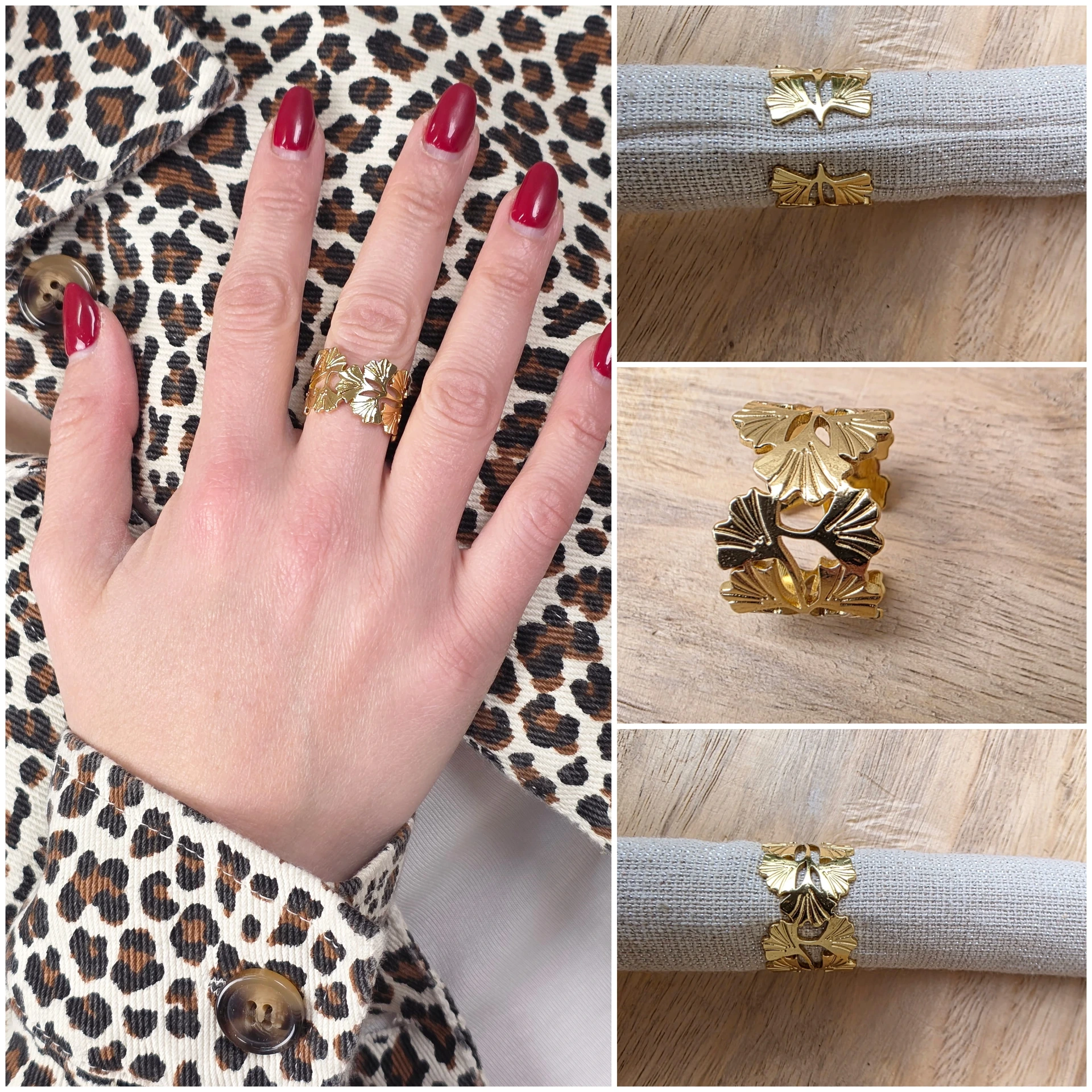 [00561] Bague large ginkgo biloba dorée