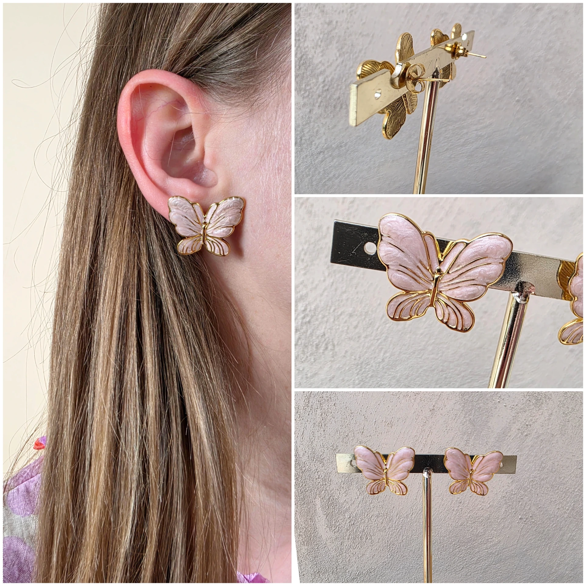 [00602] Boucles d'oreilles papillons émaillés rose poudré & doré