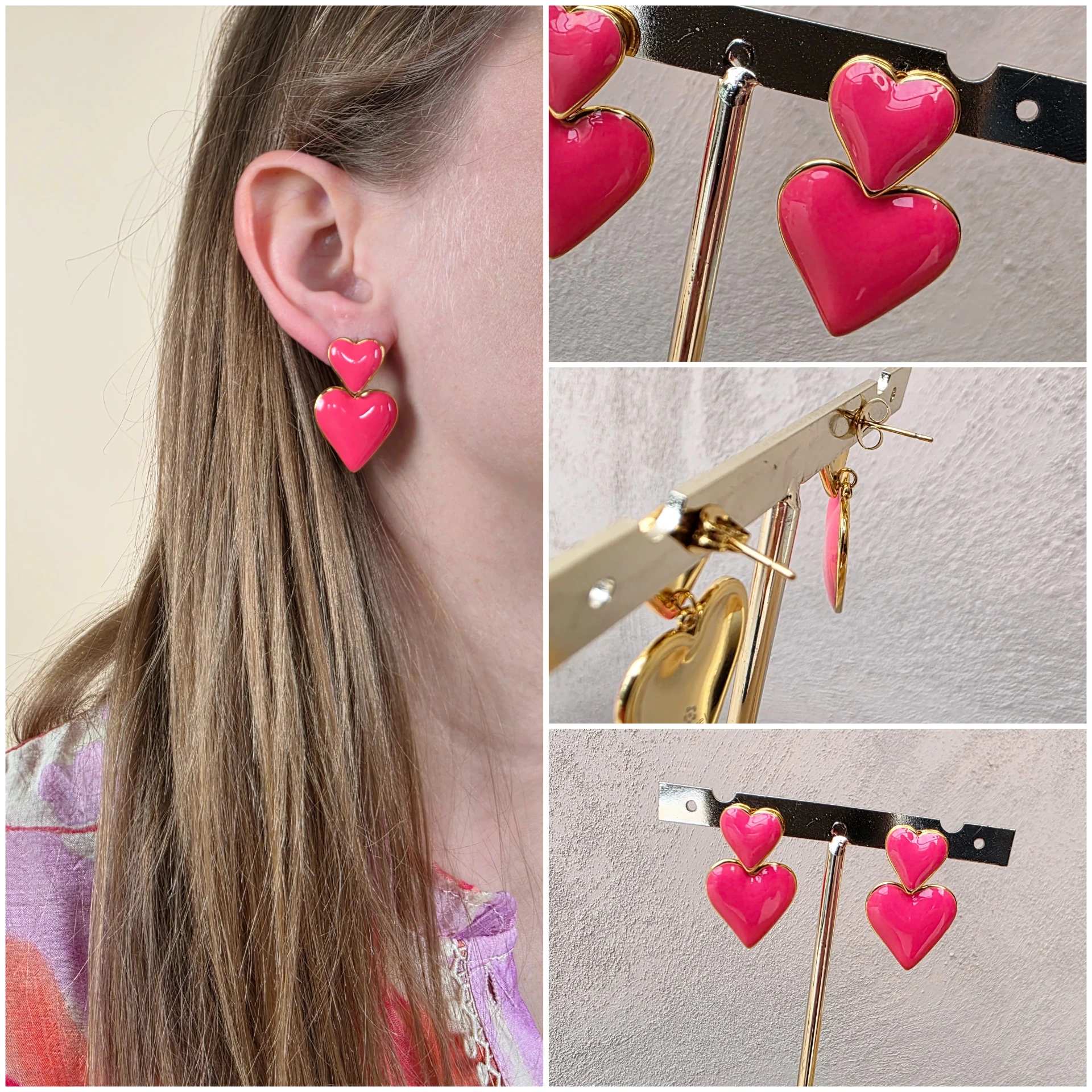 Boucles d'oreilles double cœur émaillé rose fuchsia & doré