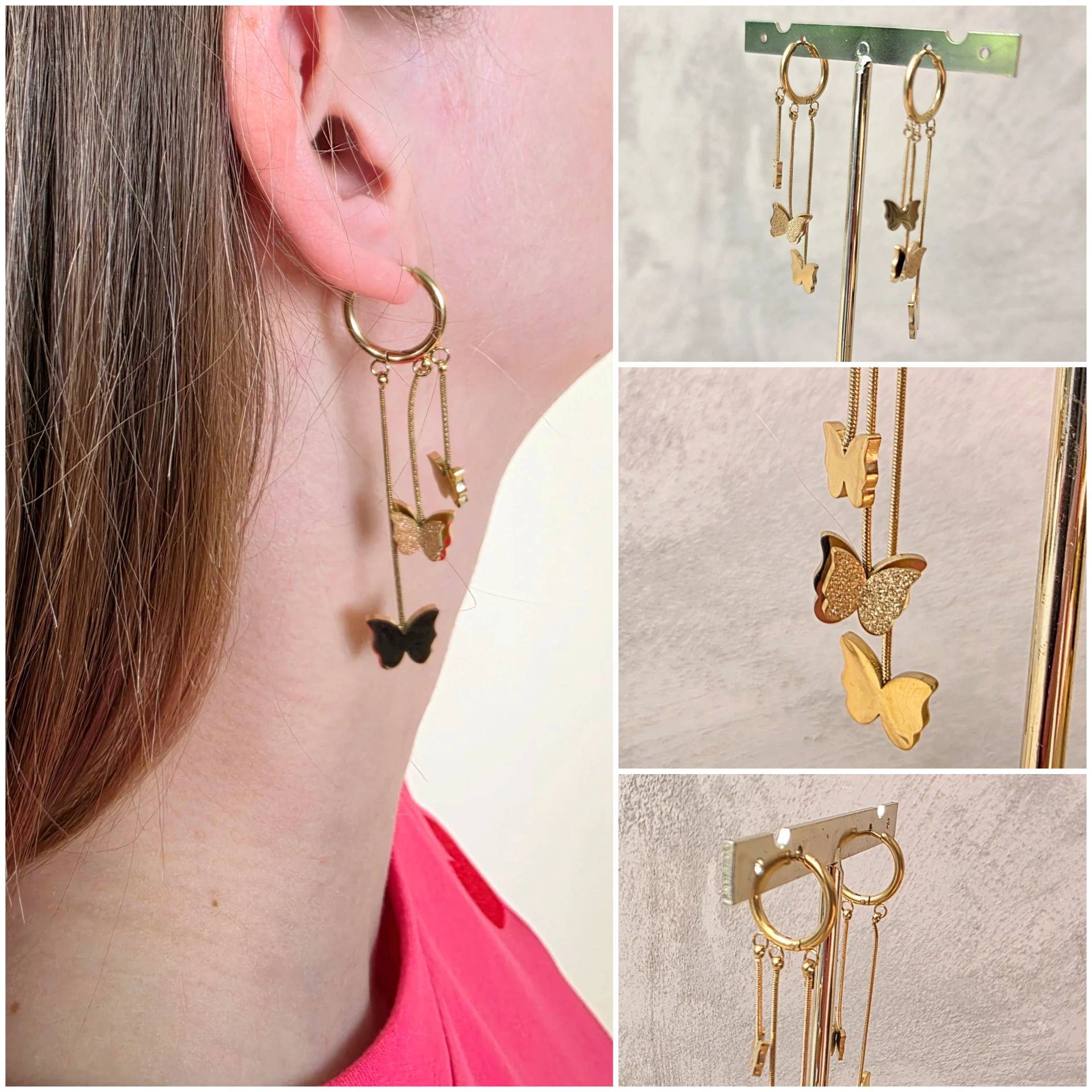 Boucles d'oreilles créoles dorées à pendentifs papillons cascade