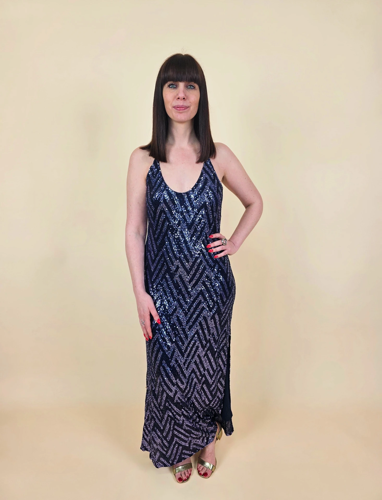 Robe longue sequin bleue nuit motif géométrique