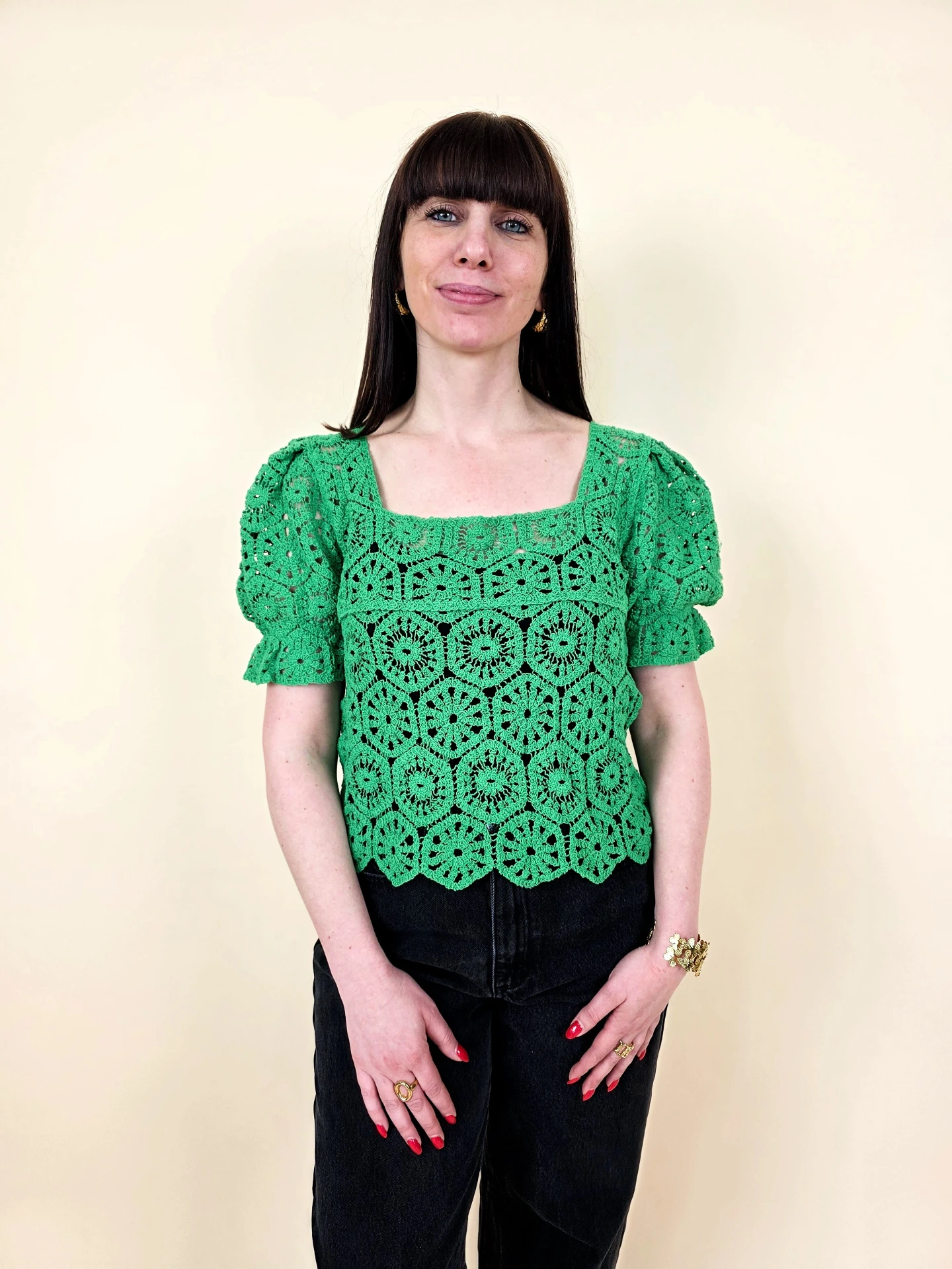 [00645_S/M] Blouse en crochet artisanal vert émeraude (S/M)