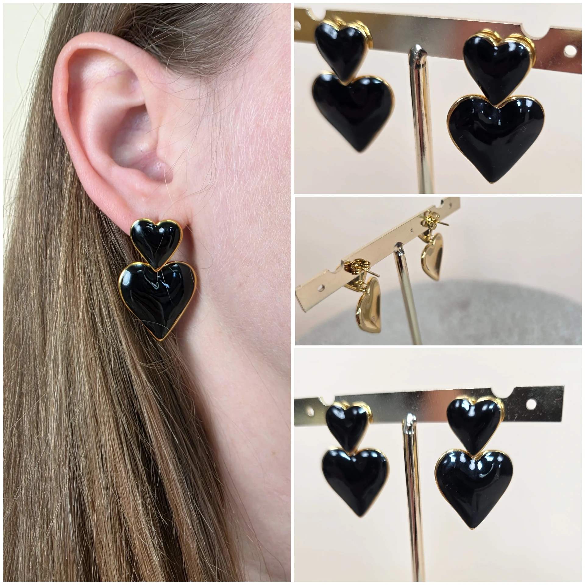 Boucles d'oreilles double cœur émaillé noir & or