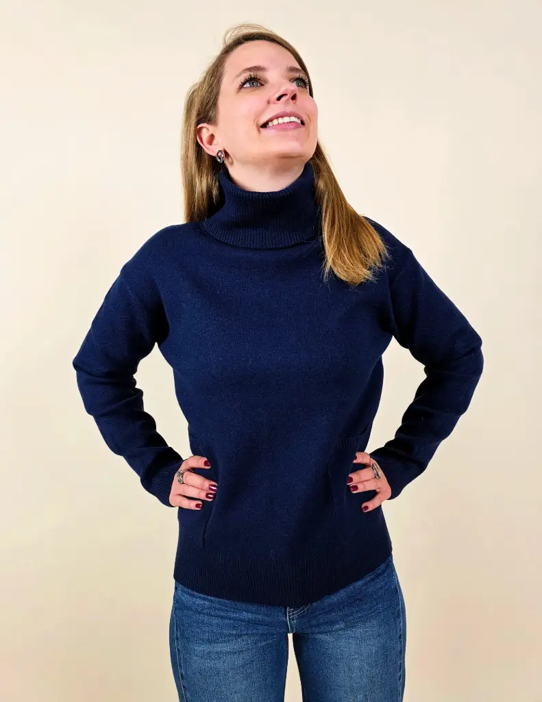 Pull bleu à col roulé avec poches TU (Anti-Gaspi)