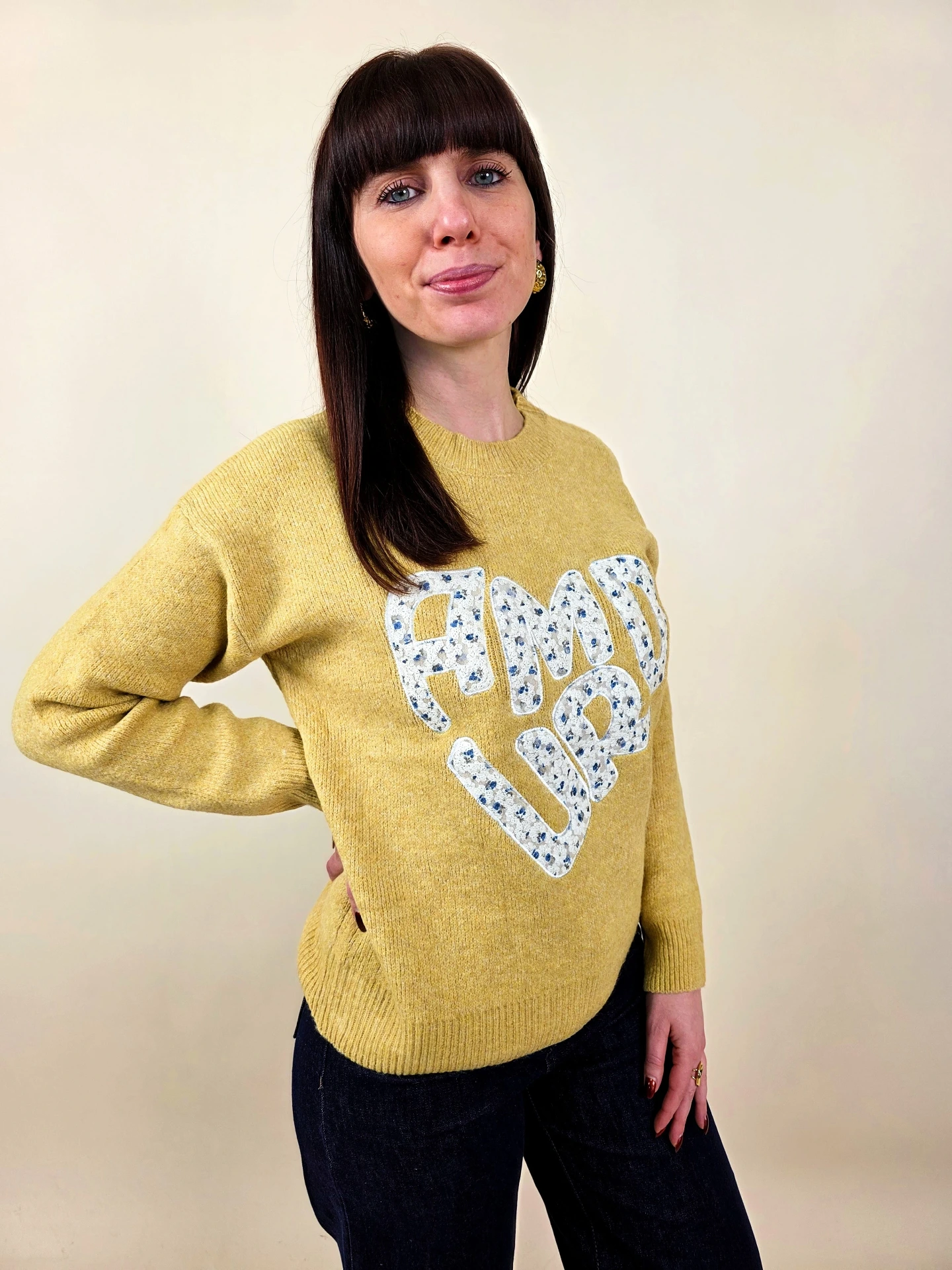 Pull « AMOUR » jaune moutarde (Anti-Gaspi)