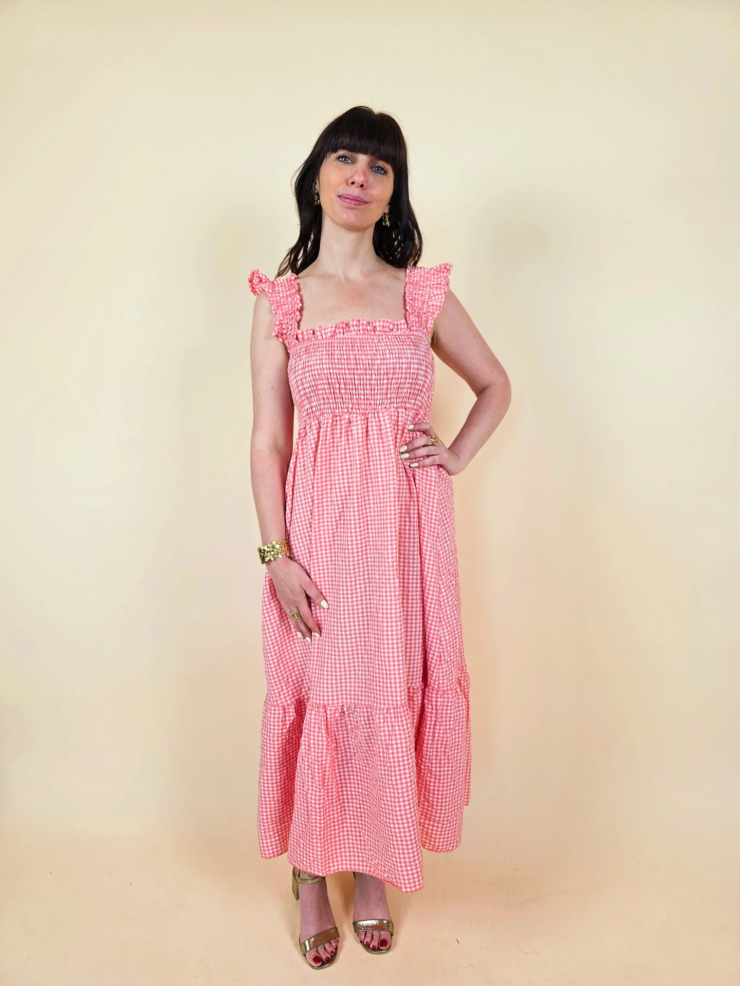 [00662] Robe maxi vichy rose à buste smocké