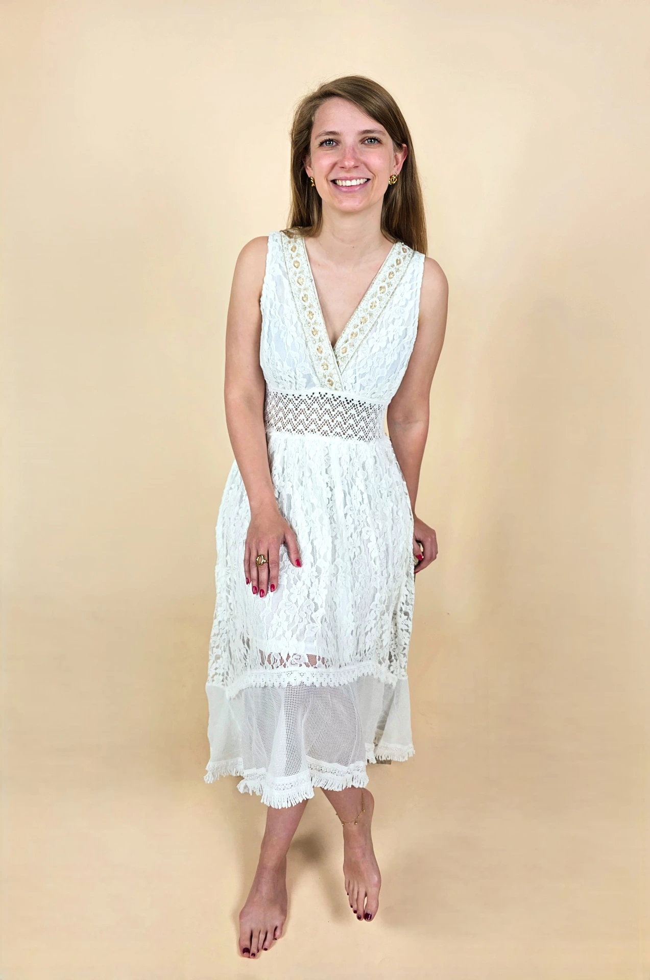 [00672_S] Robe longue bohème-chic en dentelle blanche (S)