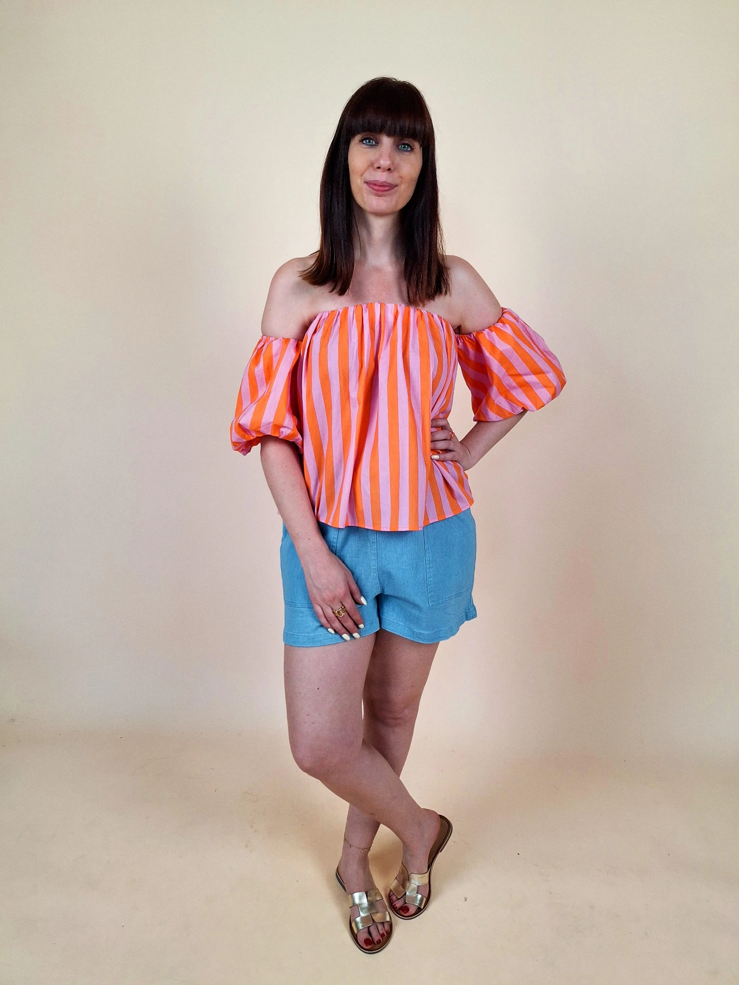 Blouse bardot à rayures pop orange et rose