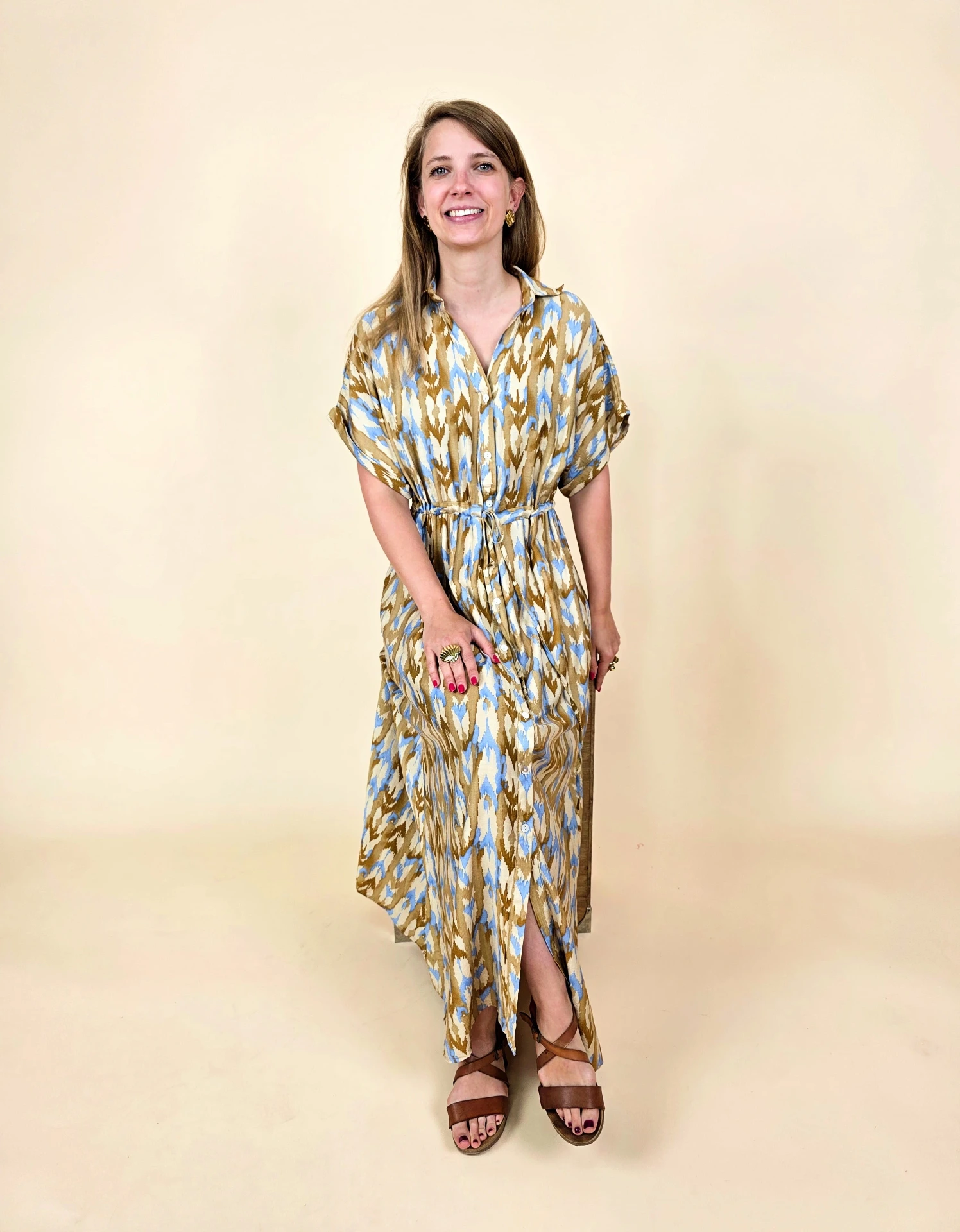Robe longue chemise à imprimé Ikat